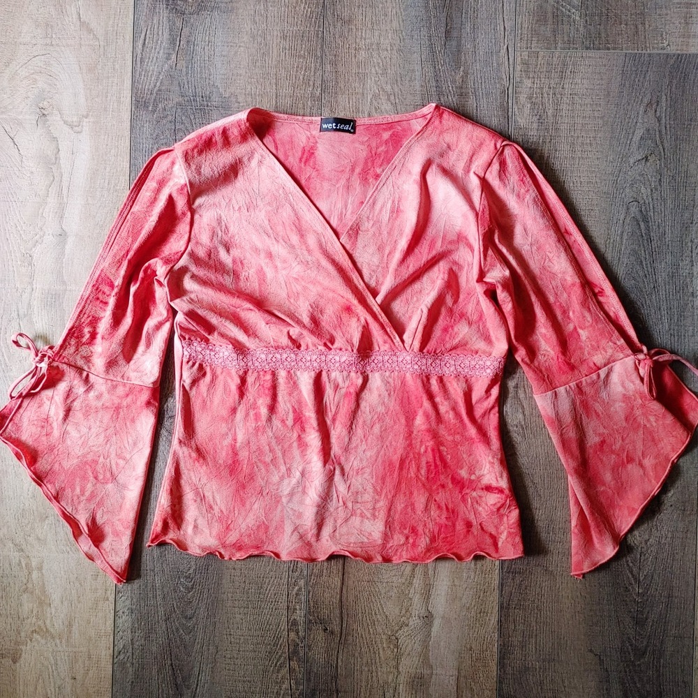 Vtg Y2K Wet Seal Pink Tie Dye Babydoll Boho Crop Top Lace Trim Bell Sleeve Large